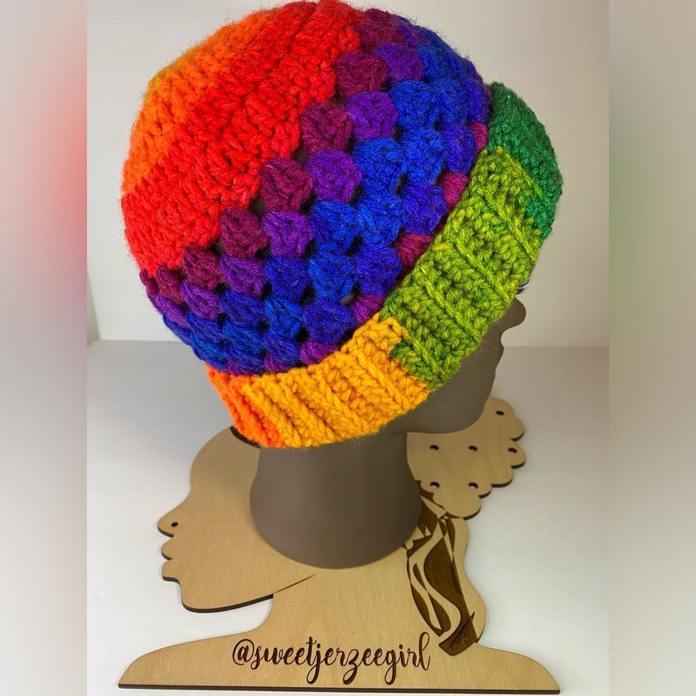 Favorite Rainbow stripe Handmade Crochet Acrylic Granny Stripe Stitch Beanie OS - Picture 5 of 10